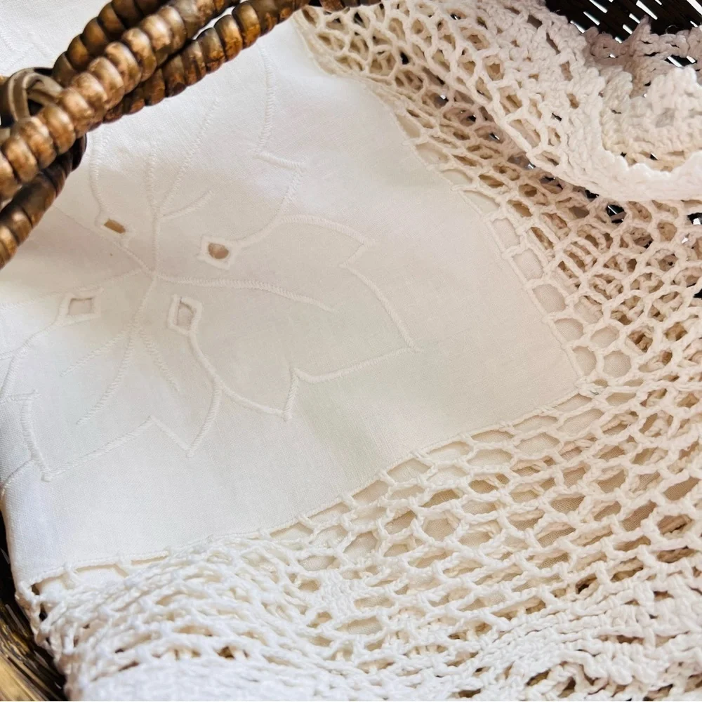 Vintage Cream Square Tablecloth with embroidered detailing, made of linen .